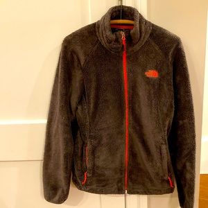 North face women’s fuzzy zip jacket- color green with orange accents